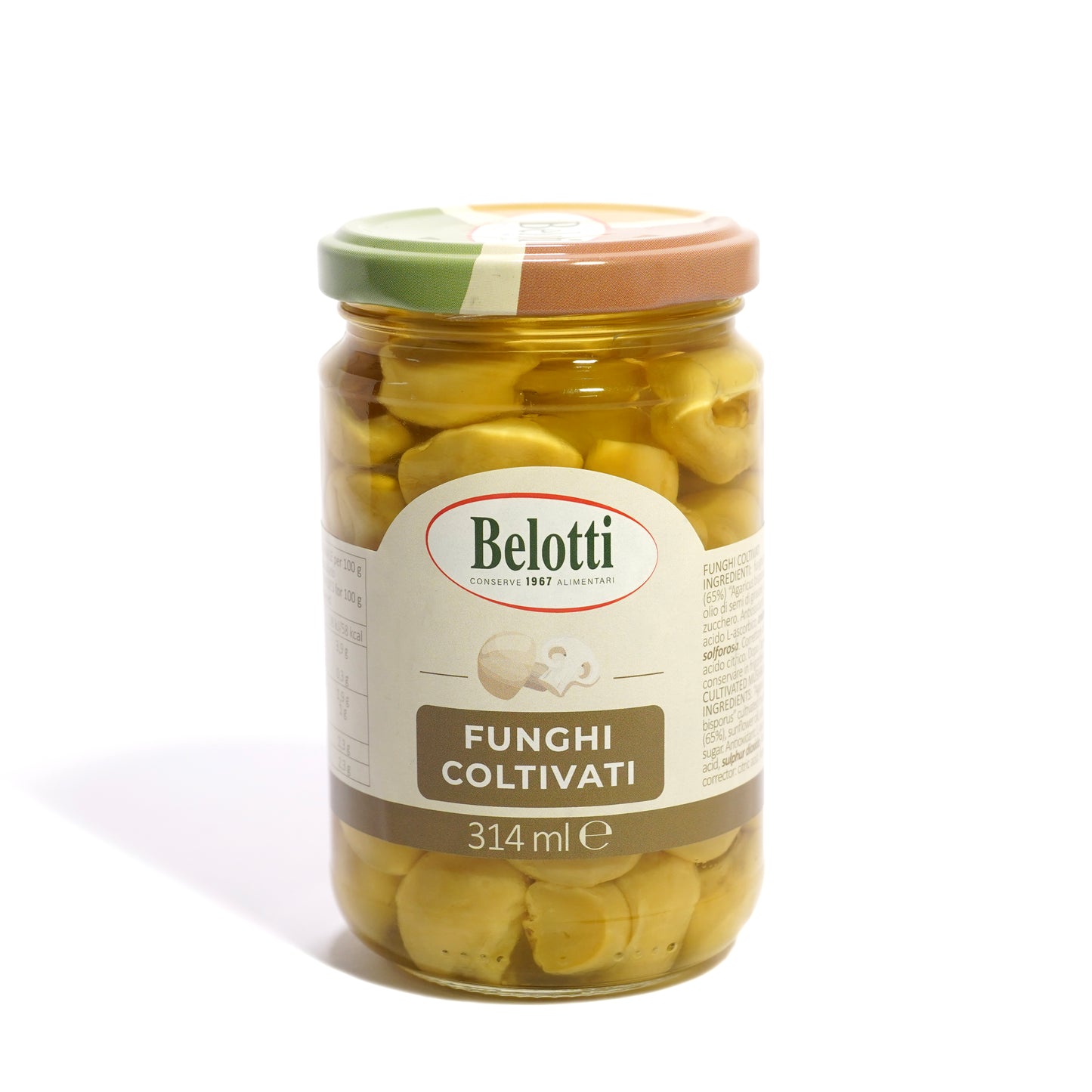 funghi coltivati. Funghetti sott'olio. Conserve alimentari sott'olio e sottaceto.