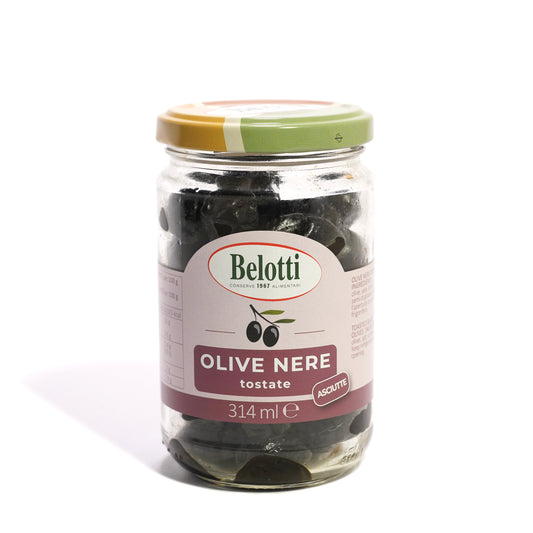 Olive Nere tostate. Conserve alimentari sott'olio e sottaceto.