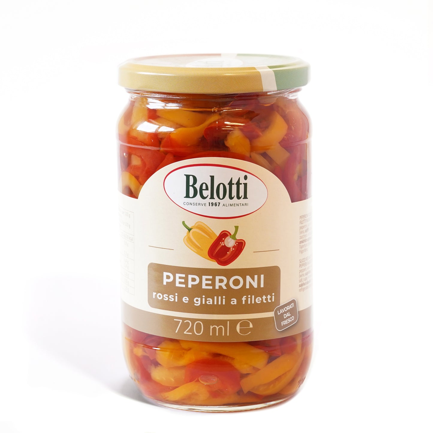 Peperoni rossi e gialli a filetti, lavorati dal fresco. Conserve alimentari sott'olio e sottaceto.