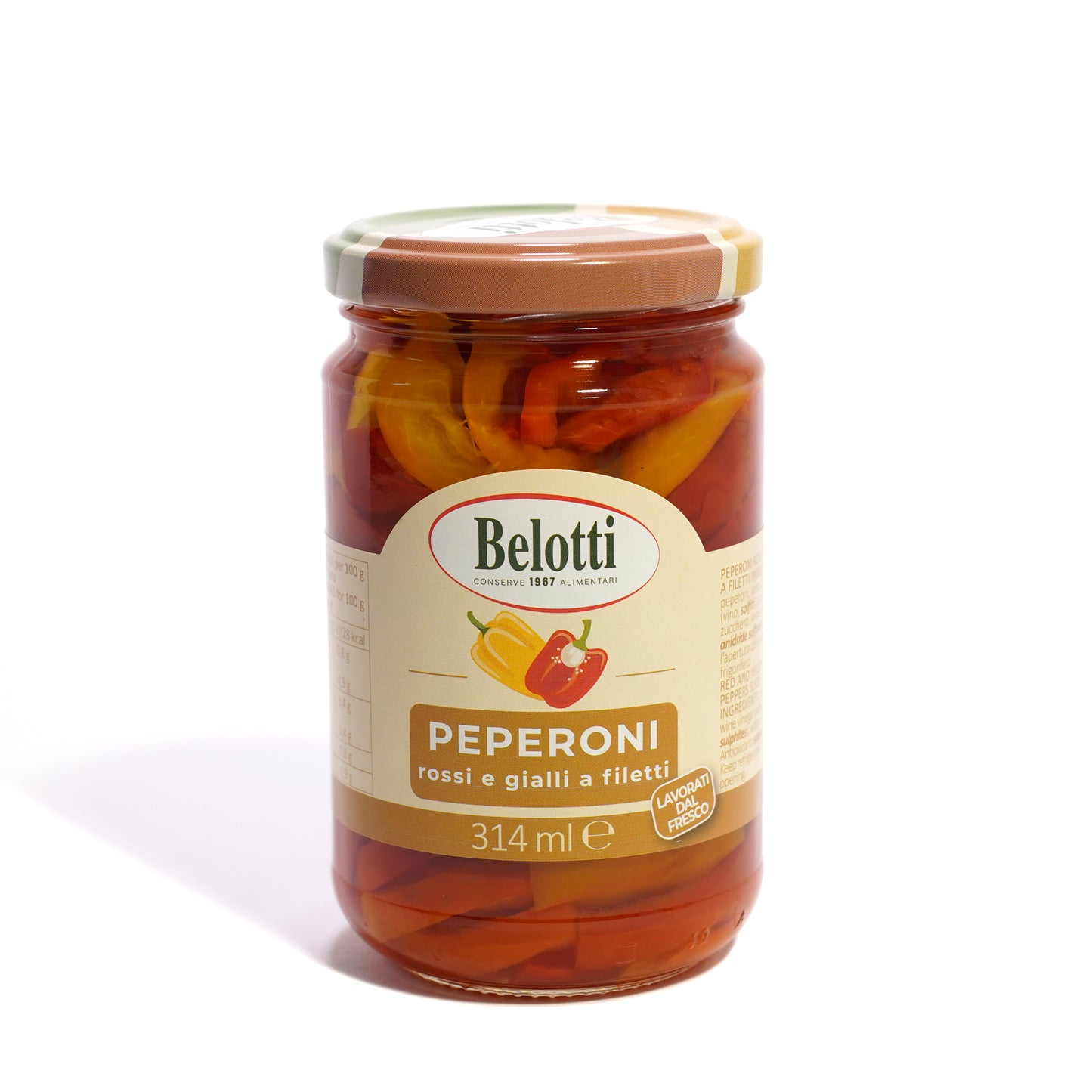 Peperoni rossi e gialli a filetti, lavorati dal fresco. Conserve alimentari sott'olio e sottaceto.