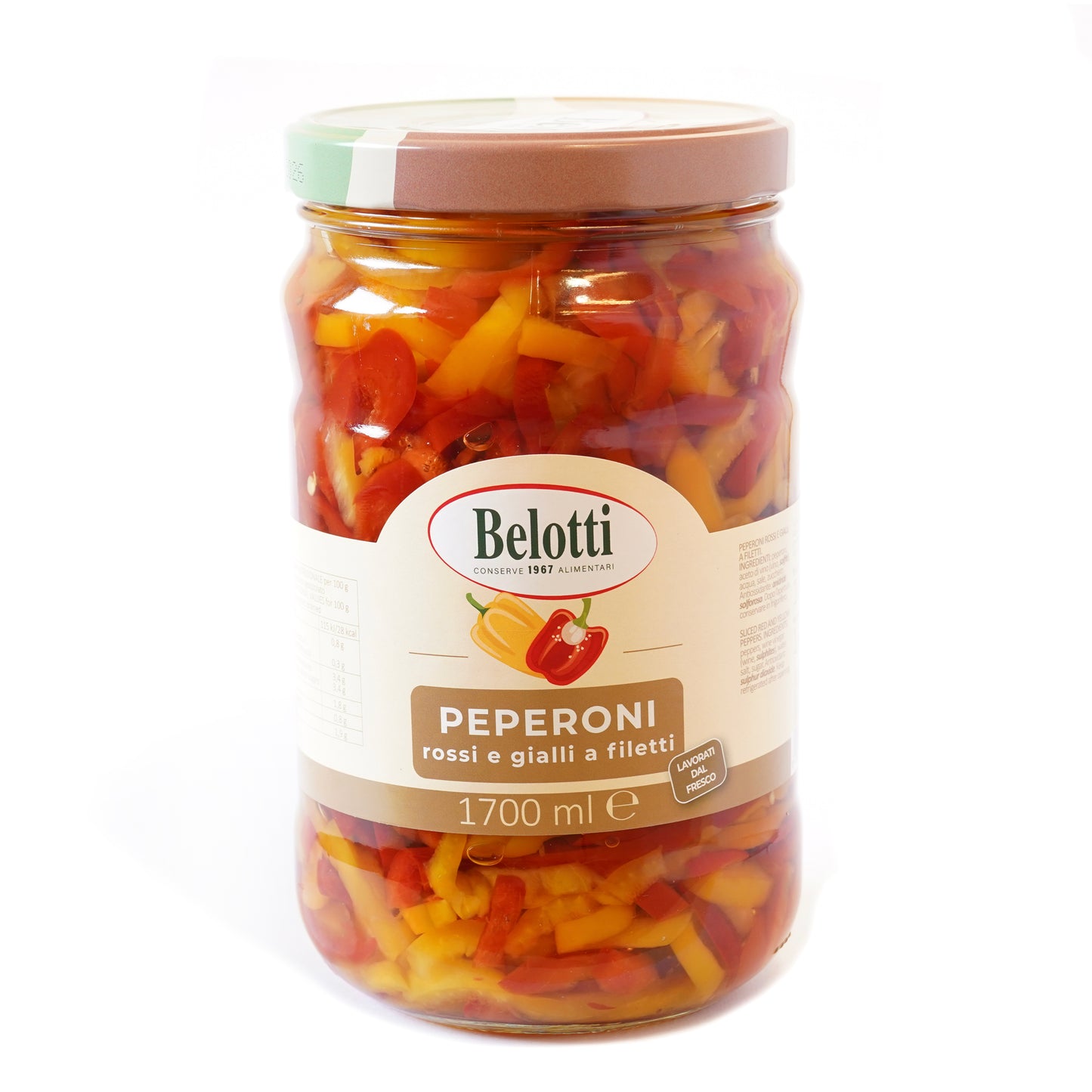 Peperoni rossi e gialli a filetti, lavorati dal fresco. Conserve alimentari sott'olio e sottaceto.