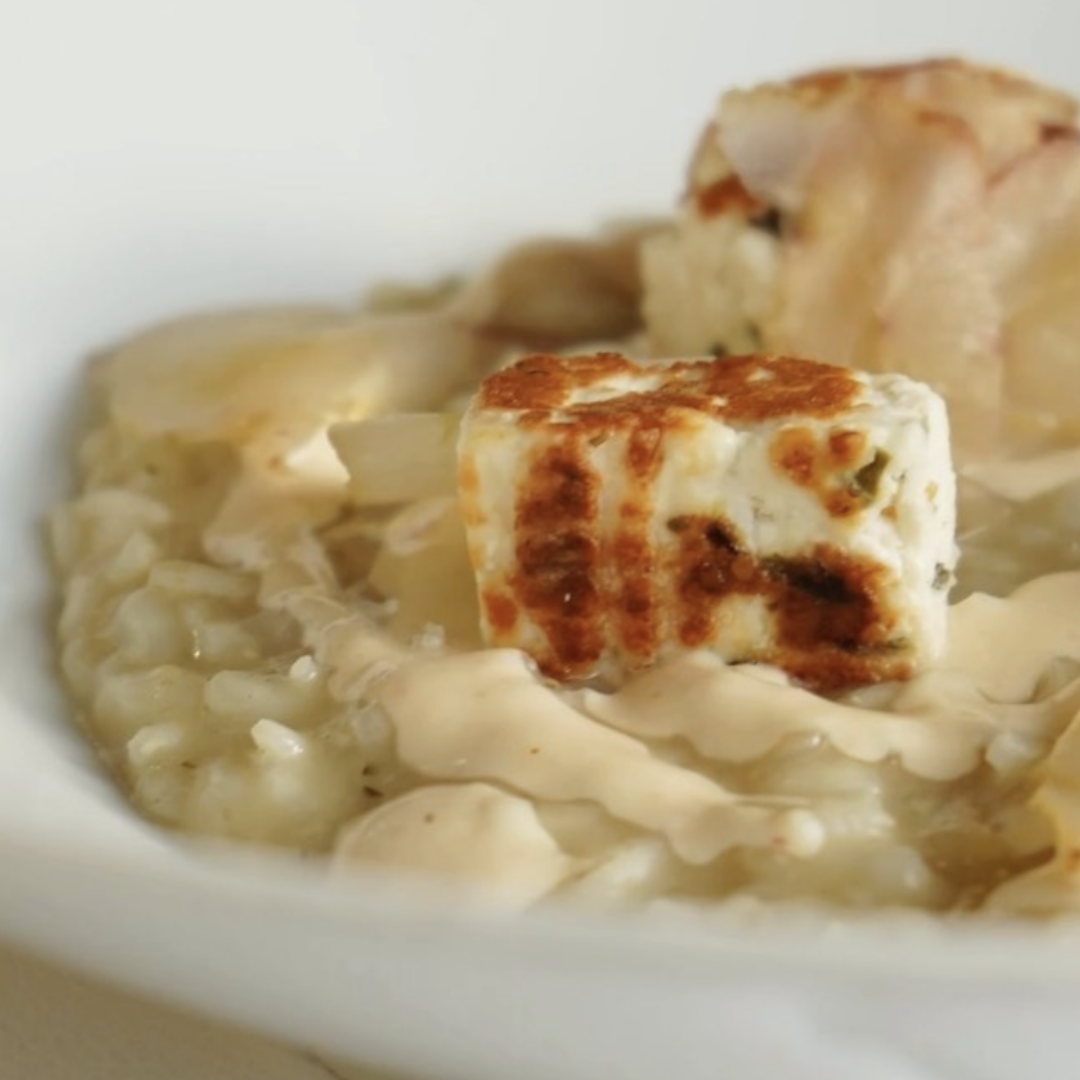 Risotto ''Via Vai'' con cuore di carciofo, Cetrioli Moscatelli e Formaggio al Peperoncino