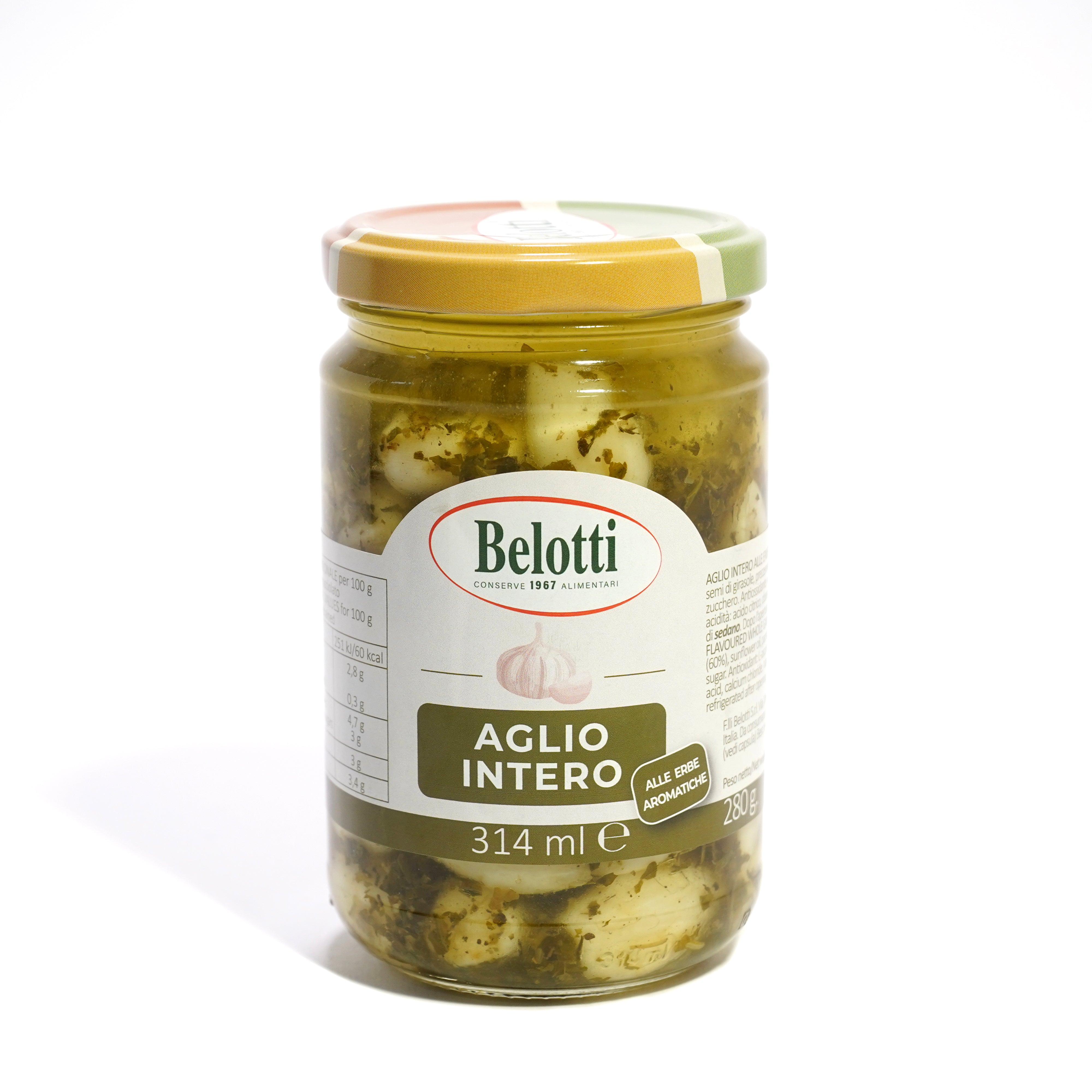 Aglio intero alle erbe aromatiche sott'olio. Conserve alimentari, sott'olio e sottaceto. 