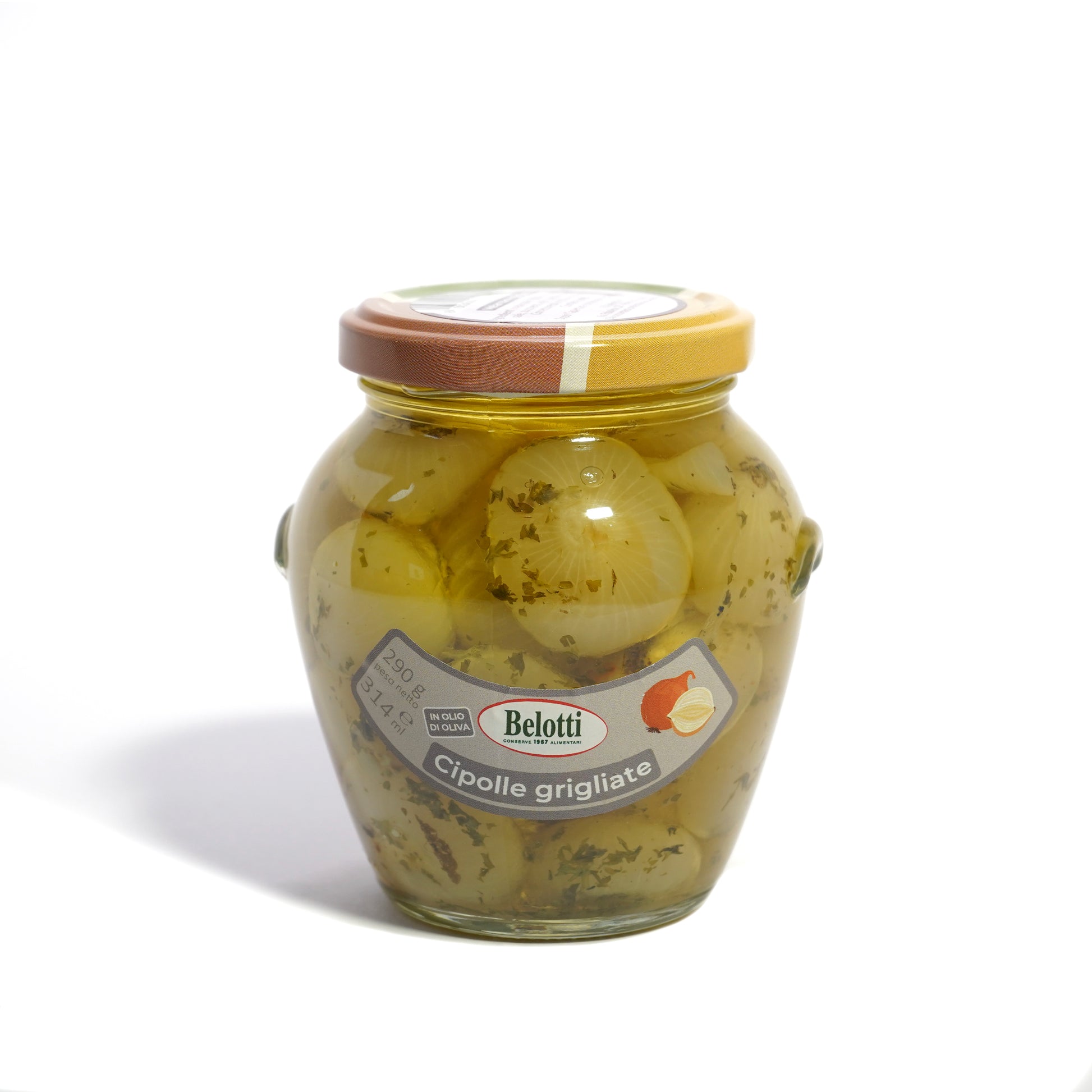 Cipolle grigliate in vaso orcio. Conserve alimentari sott'olio e sottaceto.