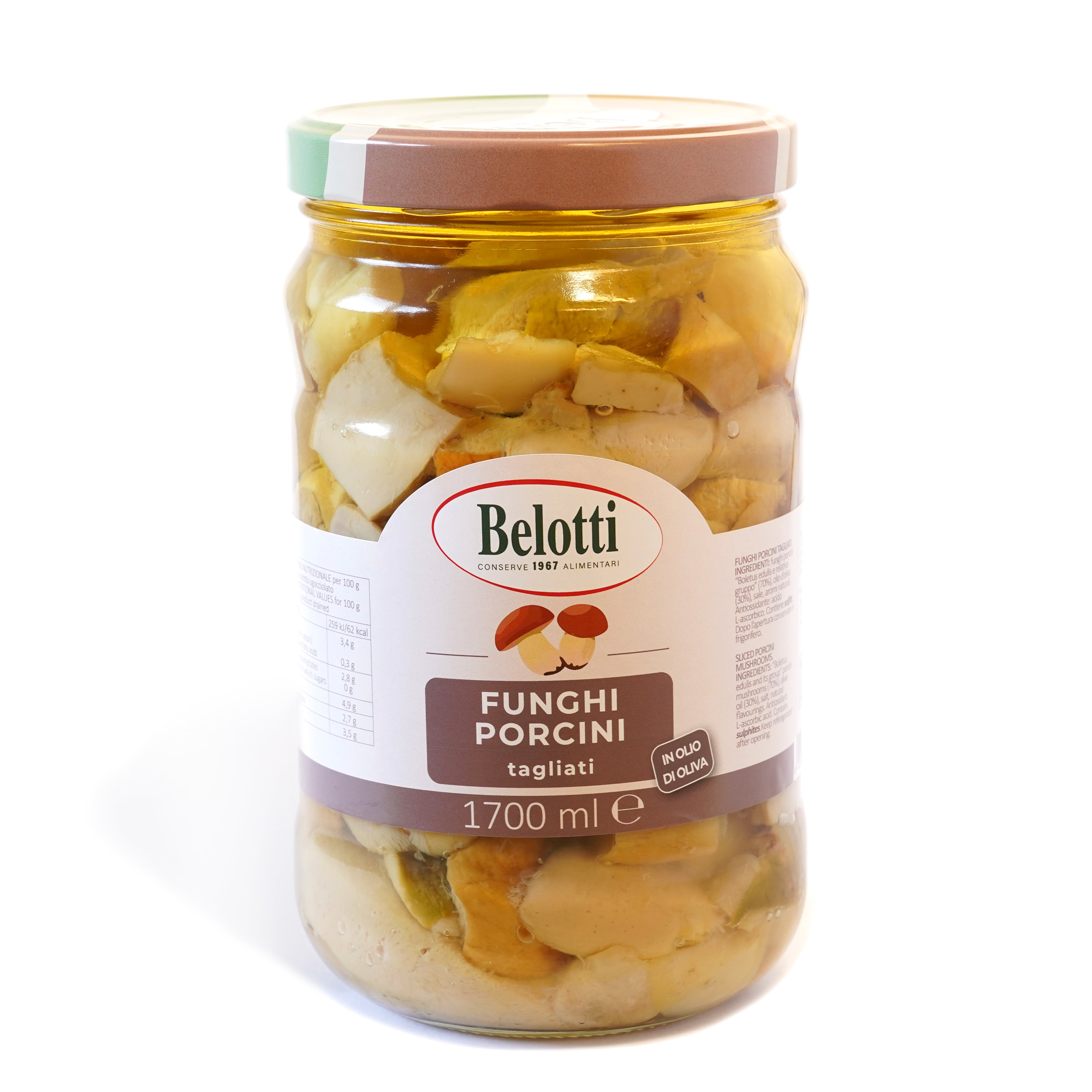 Funghi Porcini tagliati. in vaso orcio. Funghi porcini sott'olio. Conserve alimentari sott'olio e sottaceto.