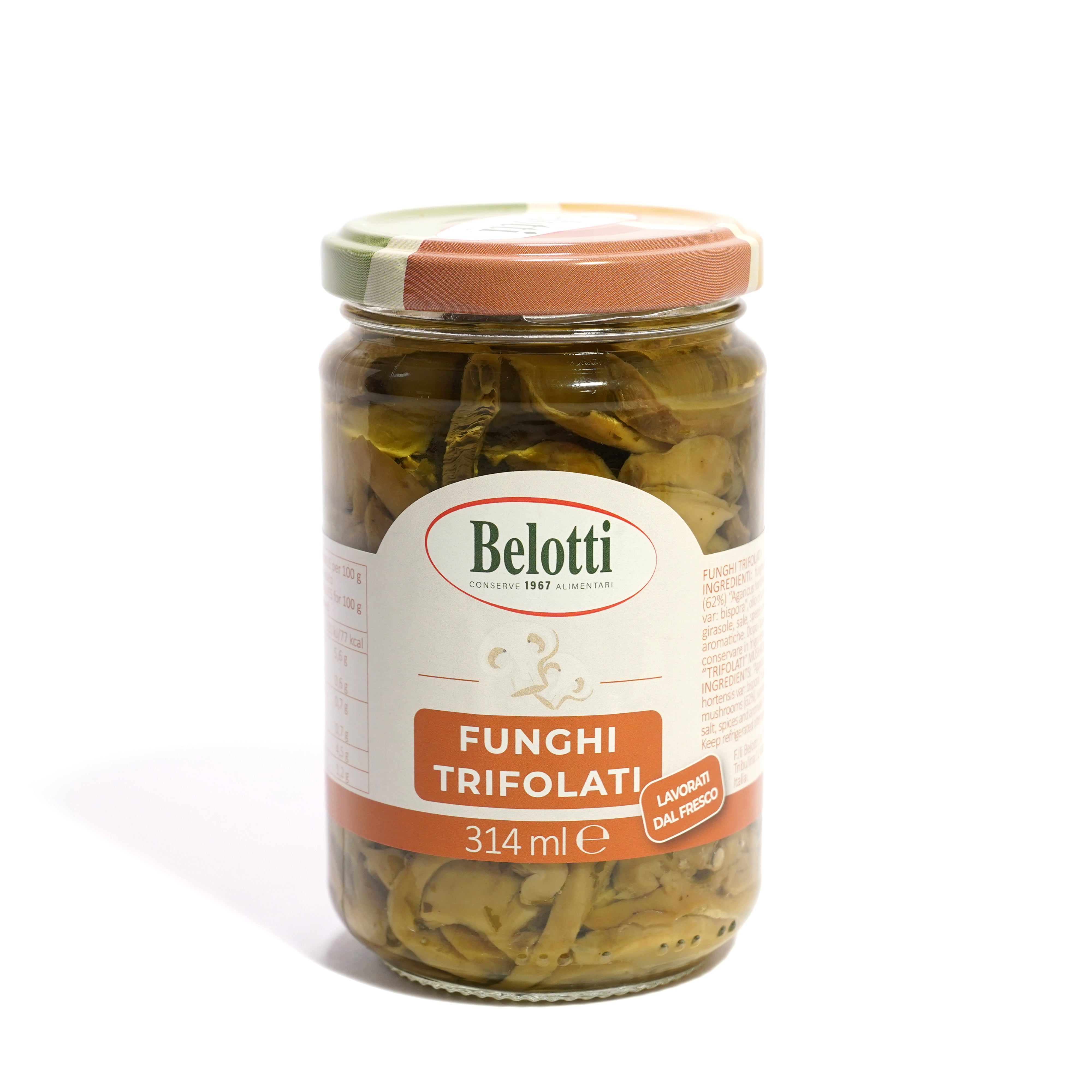 funghi trifolati, lavorati dal fresco. Conserve alimentari sott'olio e sottaceto.